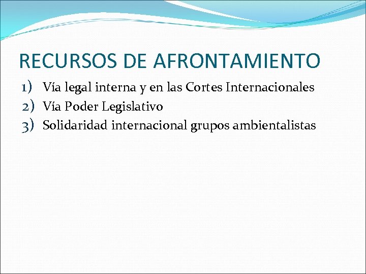 RECURSOS DE AFRONTAMIENTO 1) Vía legal interna y en las Cortes Internacionales 2) Vía