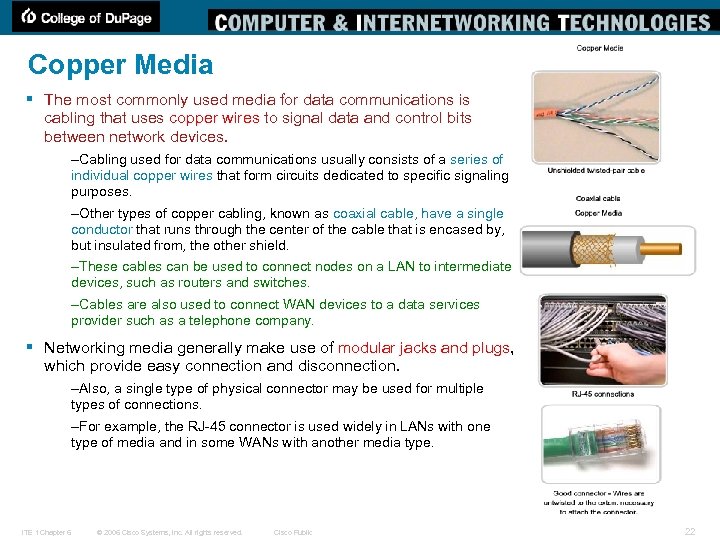 Copper Media § The most commonly used media for data communications is cabling that