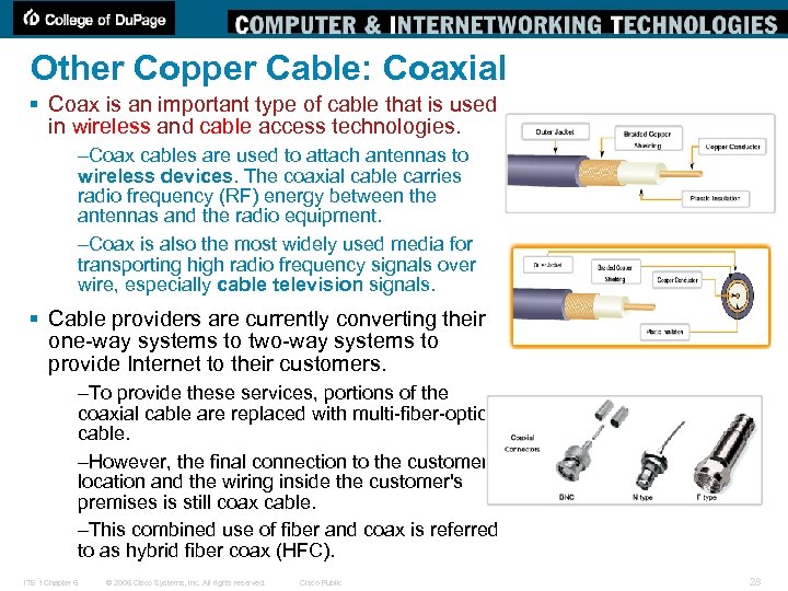 Other Copper Cable: Coaxial § Coax is an important type of cable that is