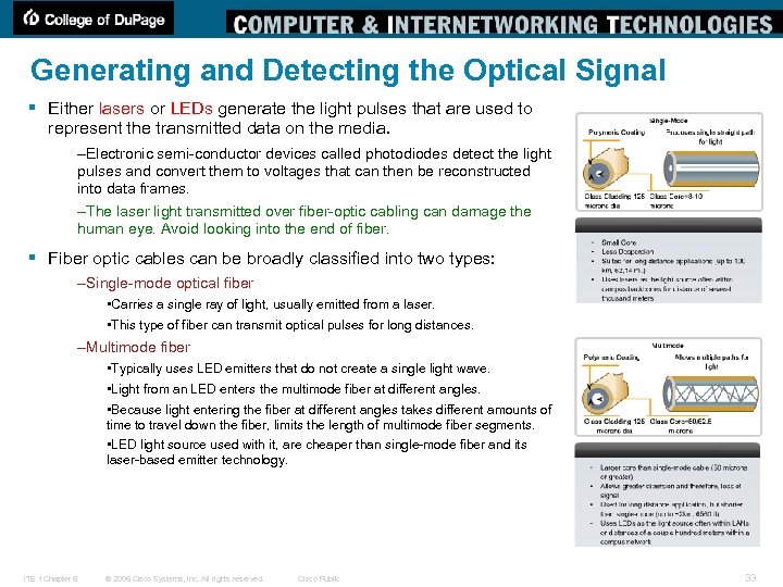 Generating and Detecting the Optical Signal § Either lasers or LEDs generate the light