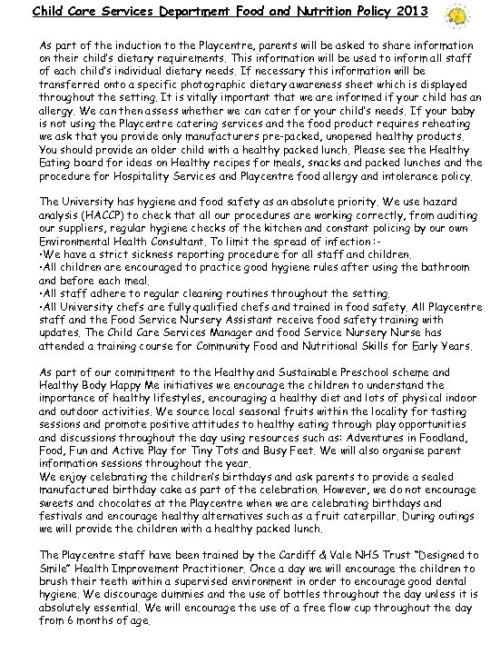 Child Care Services Department Food and Nutrition Policy 2013 As part of the induction