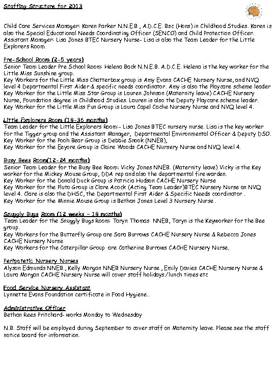 Staffing Structure for 2013 Child Care Services Manager: Karen Parker N. N. E. B