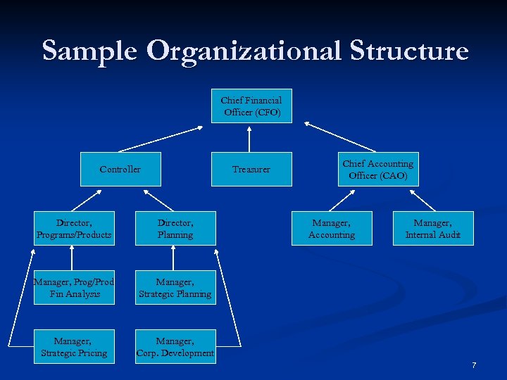 Sample Organizational Structure Chief Financial Officer (CFO) Controller Treasurer Director, Programs/Products Director, Planning Manager,