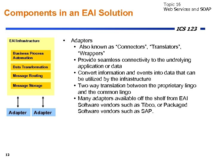 Components in an EAI Solution Topic 16 Web Services and SOAP ICS 123 EAI