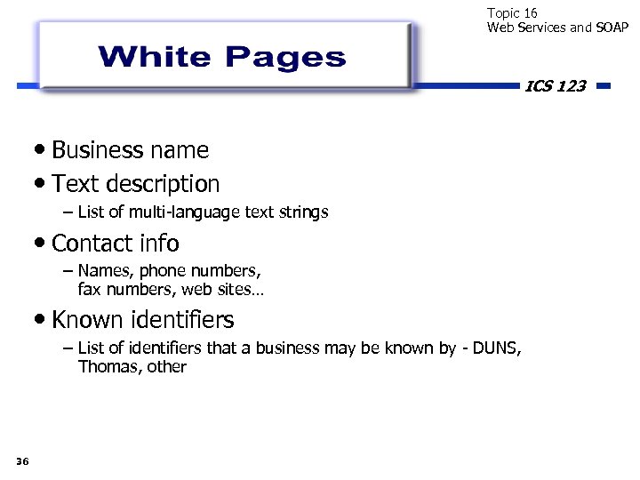 Topic 16 Web Services and SOAP ICS 123 • Business name • Text description