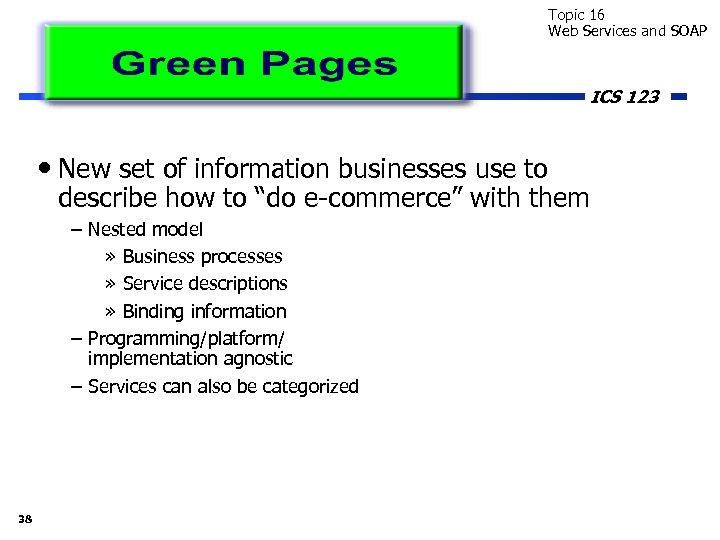Topic 16 Web Services and SOAP ICS 123 • New set of information businesses