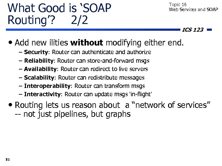 What Good is ‘SOAP Routing’? 2/2 Topic 16 Web Services and SOAP ICS 123
