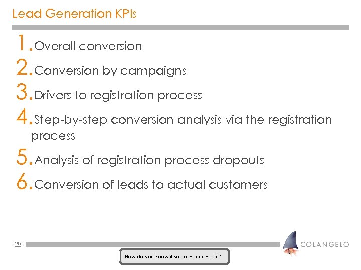 Lead Generation KPIs 1. Overall conversion 2. Conversion by campaigns 3. Drivers to registration