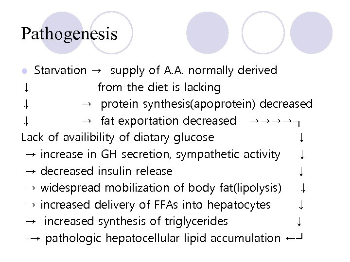 Pathogenesis Starvation → supply of A. A. normally derived ↓ from the diet is