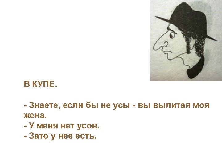  В КУПЕ. - Знаете, если бы не усы - вы вылитая моя жена.