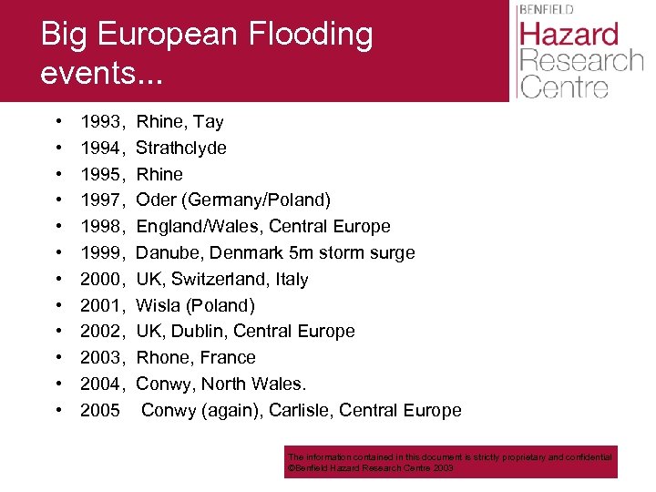 Big European Flooding events. . . • • • 1993, 1994, 1995, 1997, 1998,