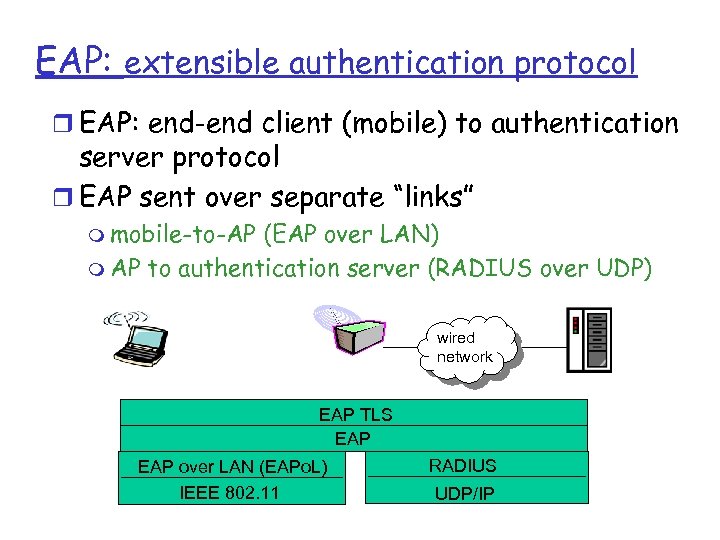 EAP: extensible authentication protocol r EAP: end-end client (mobile) to authentication server protocol r
