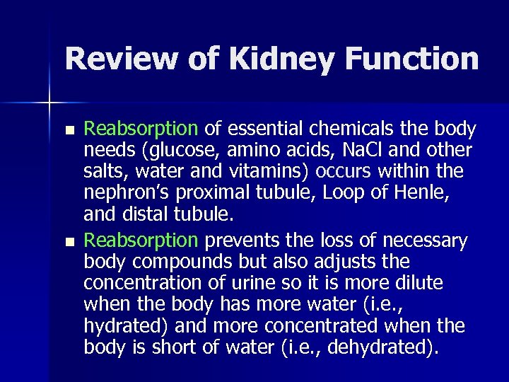 Review of Kidney Function n n Reabsorption of essential chemicals the body needs (glucose,