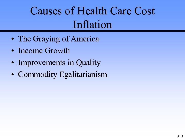 Causes of Health Care Cost Inflation • • The Graying of America Income Growth