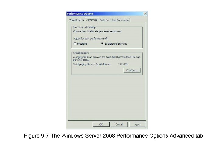 Figure 9 -7 The Windows Server 2008 Performance Options Advanced tab 