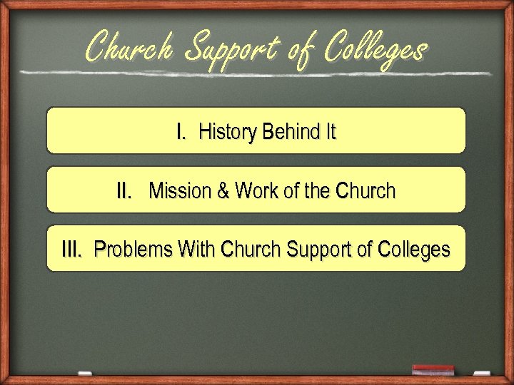 Church Support of Colleges I. History Behind It II. Mission & Work of the