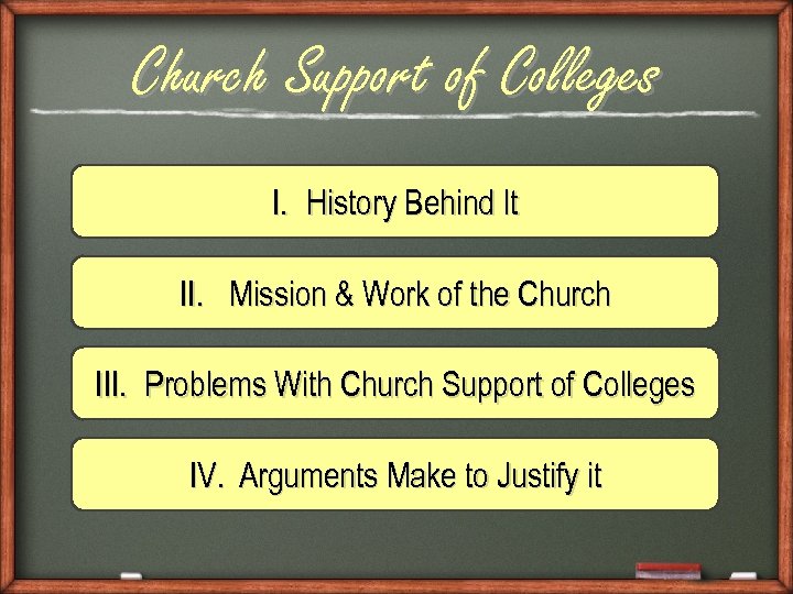 Church Support of Colleges I. History Behind It II. Mission & Work of the