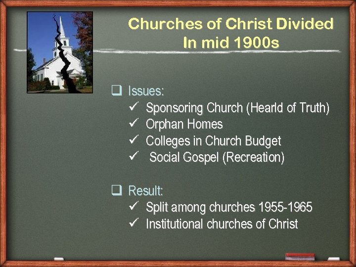 Churches of Christ Divided In mid 1900 s q Issues: ü Sponsoring Church (Hearld