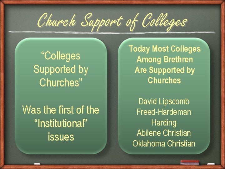 Church Support of Colleges “Colleges Supported by Churches” Was the first of the “Institutional”