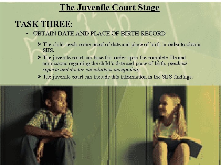 The Juvenile Court Stage TASK THREE: • OBTAIN DATE AND PLACE OF BIRTH RECORD