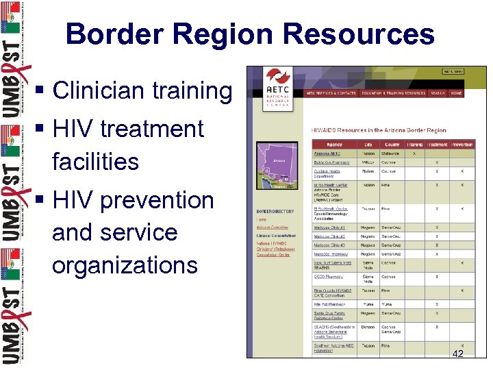 Border Region Resources § Clinician training § HIV treatment facilities § HIV prevention and