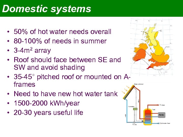 Domestic systems • • 50% of hot water needs overall 80 -100% of needs