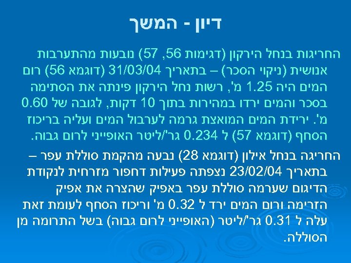  דיון - המשך החריגות בנחל הירקון )דגימות 65, 75( נובעות מהתערבות אנושית )ניקוי