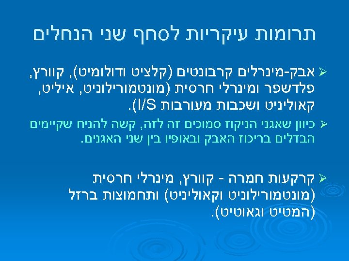  תרומות עיקריות לסחף שני הנחלים Ø אבק-מינרלים קרבונטים )קלציט ודולומיט(, קוורץ, פלדשפר ומינרלי