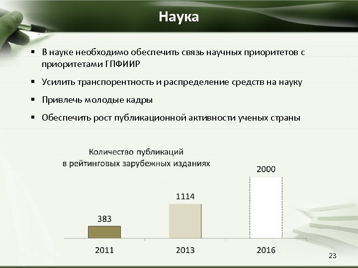 Наука § В науке необходимо обеспечить связь научных приоритетов с приоритетами ГПФИИР § Усилить