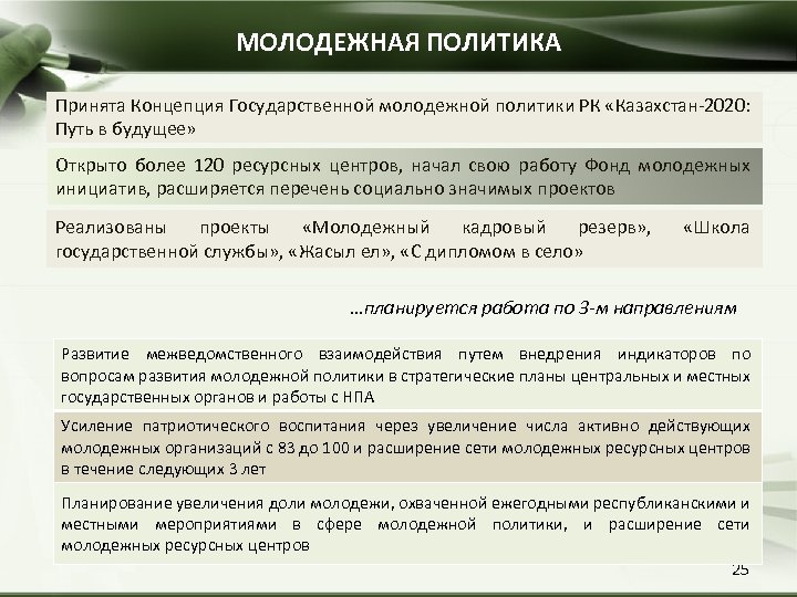 МОЛОДЕЖНАЯ ПОЛИТИКА Принята Концепция Государственной молодежной политики РК «Казахстан-2020: Путь в будущее» Открыто более