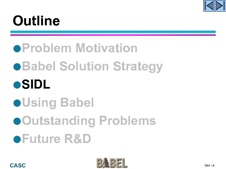Outline Problem Motivation Babel Solution Strategy SIDL Using Babel Outstanding Problems Future R&D CASC
