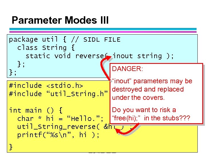 Parameter Modes III package util { // SIDL FILE class String { static void