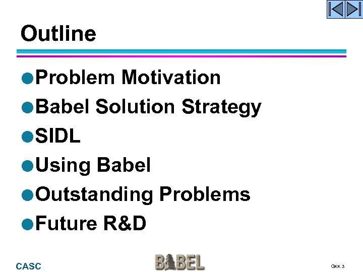 Outline Problem Motivation Babel Solution Strategy SIDL Using Babel Outstanding Problems Future R&D CASC