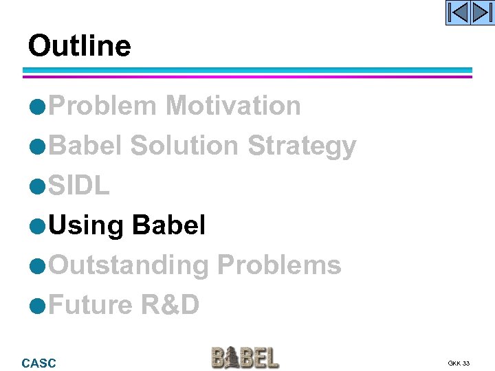 Outline Problem Motivation Babel Solution Strategy SIDL Using Babel Outstanding Problems Future R&D CASC