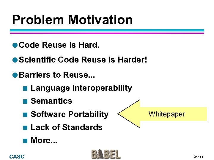 Problem Motivation Code Reuse is Hard. Scientific Barriers Code Reuse is Harder! to Reuse.