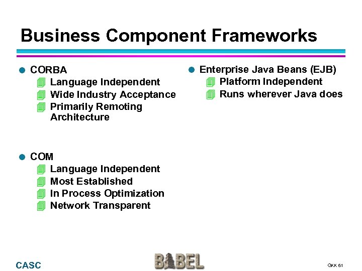 Business Component Frameworks CORBA 4 Language Independent 4 Wide Industry Acceptance 4 Primarily Remoting