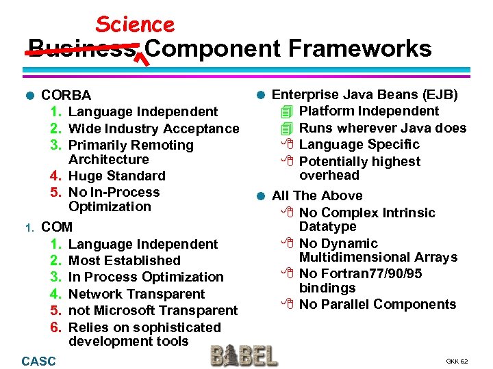 Science Business Component Frameworks 1. CORBA 1. Language Independent 2. Wide Industry Acceptance 3.