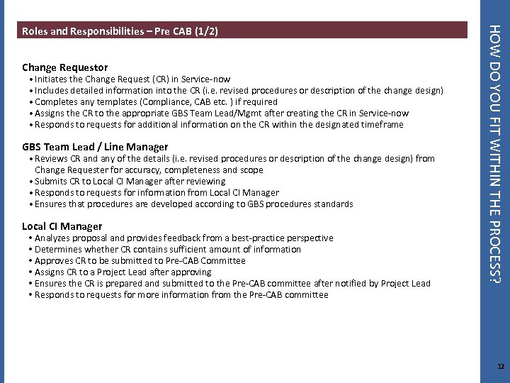 Change Requestor • Initiates the Change Request (CR) in Service-now • Includes detailed information