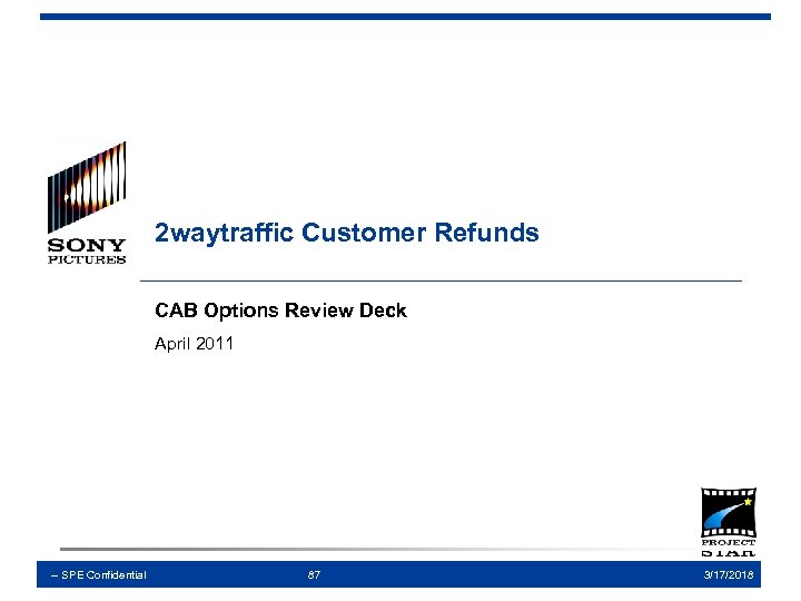 2 waytraffic Customer Refunds CAB Options Review Deck April 2011 -- SPE Confidential 87