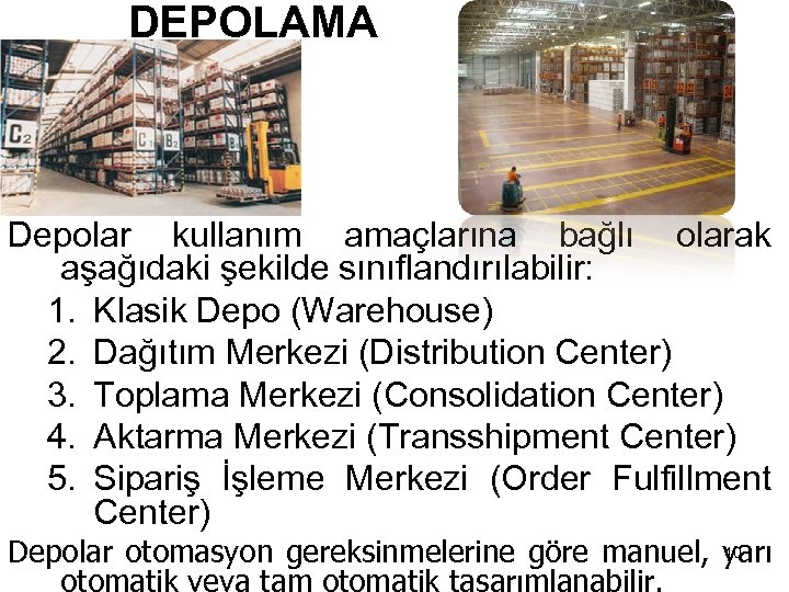 DEPOLAMA Depolar kullanım amaçlarına bağlı olarak aşağıdaki şekilde sınıflandırılabilir: 1. Klasik Depo (Warehouse) 2.