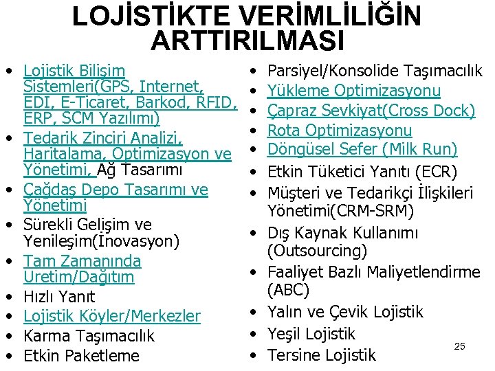 LOJİSTİKTE VERİMLİLİĞİN ARTTIRILMASI • Lojistik Bilişim Sistemleri(GPS, Internet, EDI, E-Ticaret, Barkod, RFID, ERP, SCM