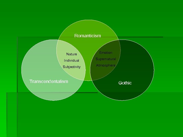 Romanticism Nature Emotion Individual Supernatural Subjectivity Atmosphere Transcendentalism Gothic 