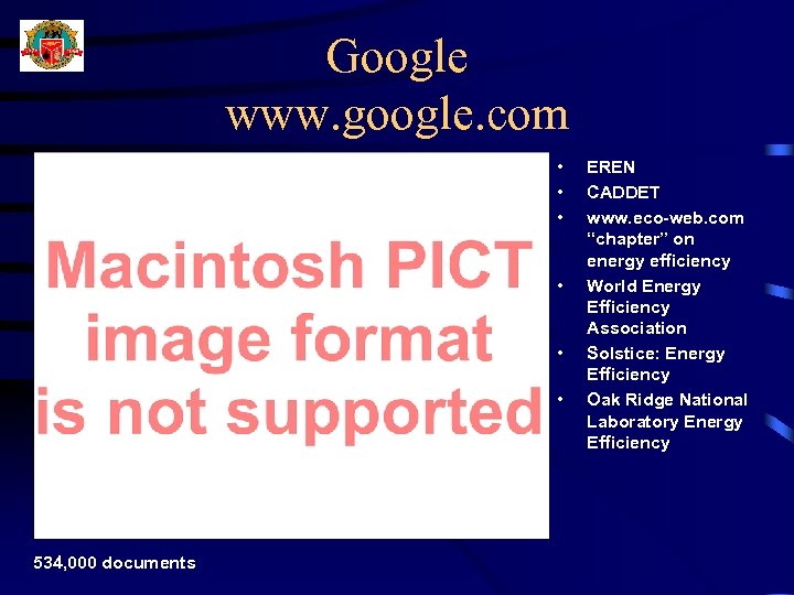 Google www. google. com • • • 534, 000 documents EREN CADDET www. eco-web.
