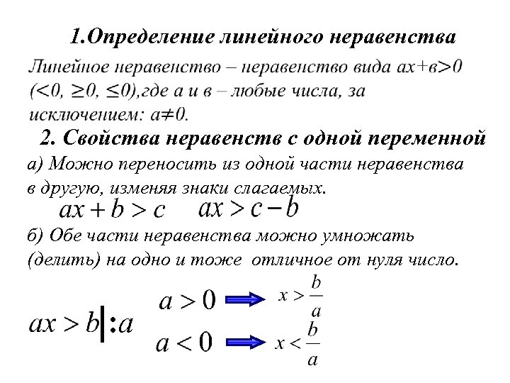 1. Определение линейного неравенства 2. Свойства неравенств с одной переменной а) Можно переносить из