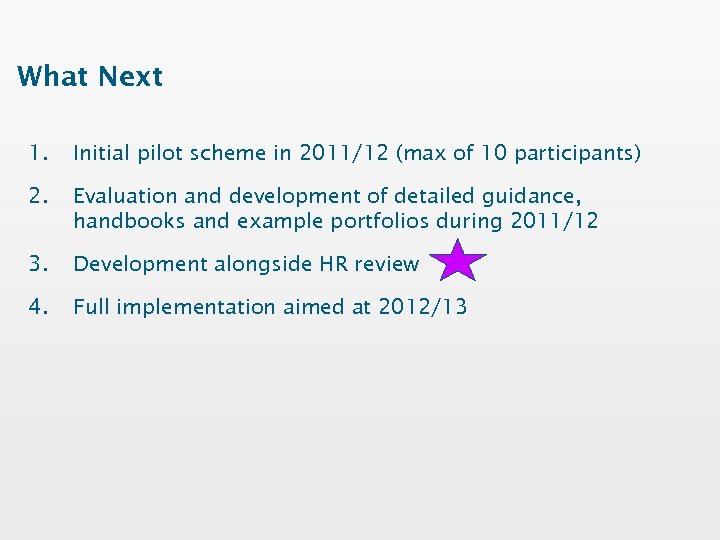 What Next 1. Initial pilot scheme in 2011/12 (max of 10 participants) 2. Evaluation
