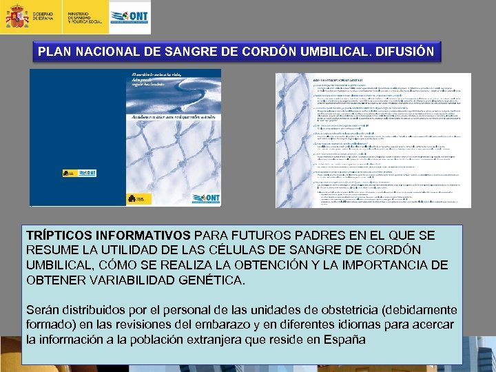 PLAN NACIONAL DE SANGRE DE CORDÓN UMBILICAL. DIFUSIÓN TRÍPTICOS INFORMATIVOS PARA FUTUROS PADRES EN