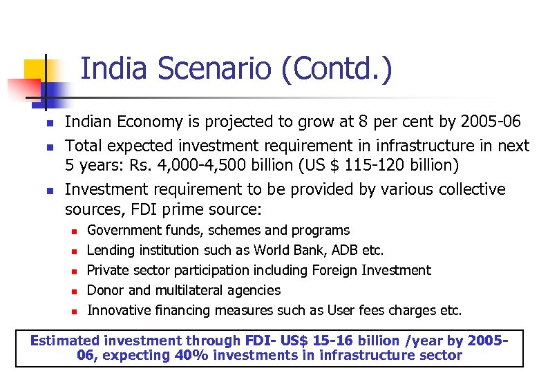 India Scenario (Contd. ) n n n Indian Economy is projected to grow at