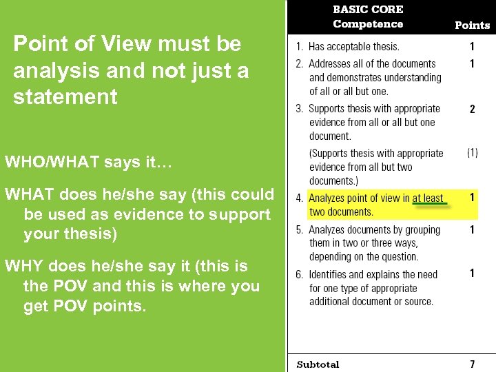 Point of View must be analysis and not just a statement WHO/WHAT says it…