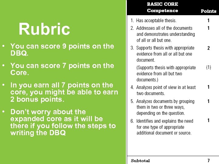 Rubric • You can score 9 points on the DBQ. • You can score