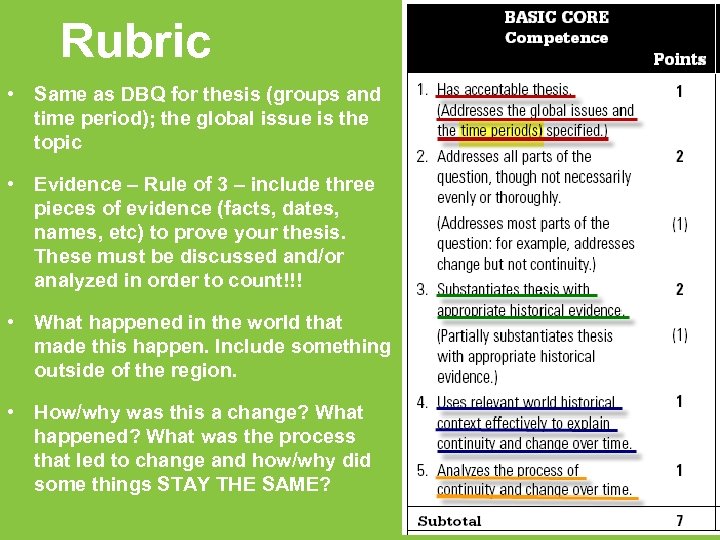 Rubric • Same as DBQ for thesis (groups and time period); the global issue